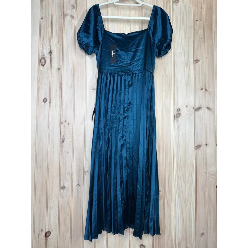 NWT Lulus Flawless Forever Teal Satin Pleated Midi Dress Bridesmaid Gala Size M